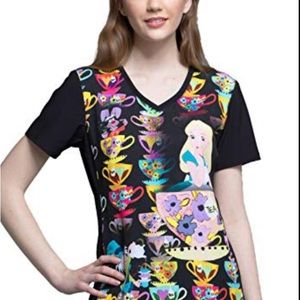 TOONIFORMS BY CHEROKEE WOMEN'S V-NECK  (ALICE TEA TIME) SCRUB TOP MEDIUM